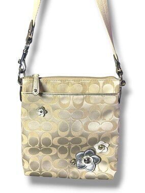 Coach Champagne Signature Jacquard Crossbody with Floral Appliqués - See Callout